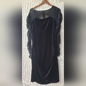 Inc black velvet dress with sheer long sleeves midi 1x